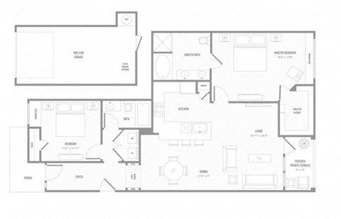 Floor plan for 2 beds, 2 baths, 1259 sqft